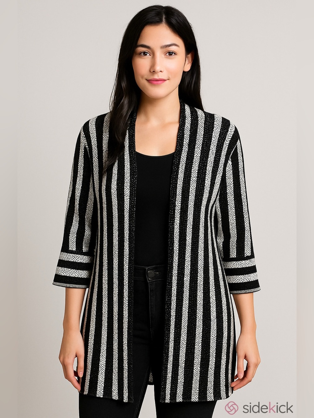 Lavish Black White Striped Open Knit Cardigan Duster Kimono Crochet Mesh Size M